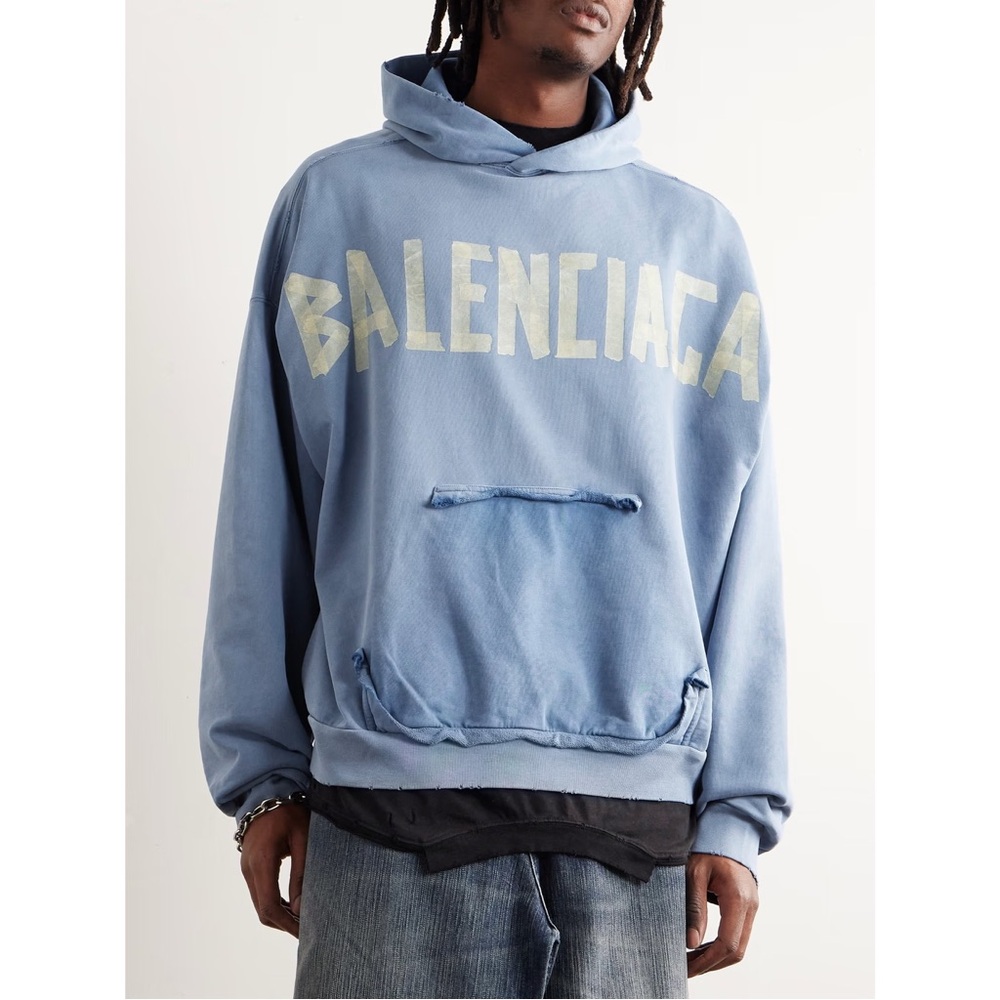 Balenciaga Men's Logo Tape Distressed Ripped Pocket Hoodie Oversized Faded Blue - Picture 15 of 15
